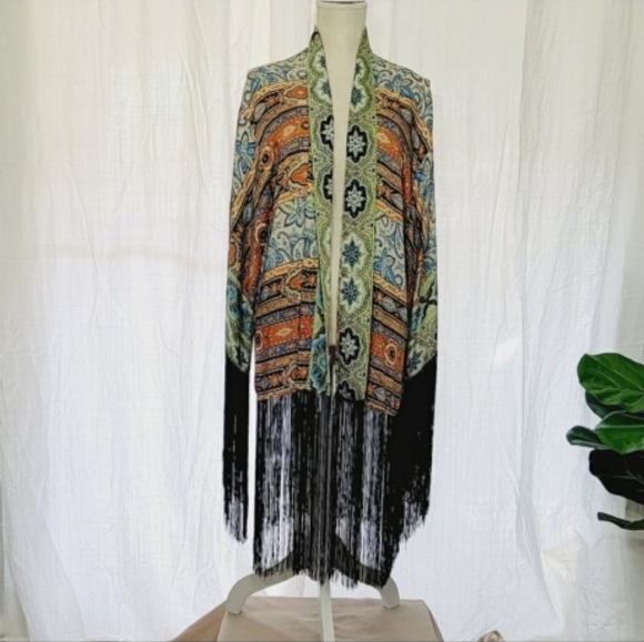 Boston Proper Bohemian Artsy Moasic Fringe Kimono Cardigan Wrap Cape Open Duster - Picture 3 of 12